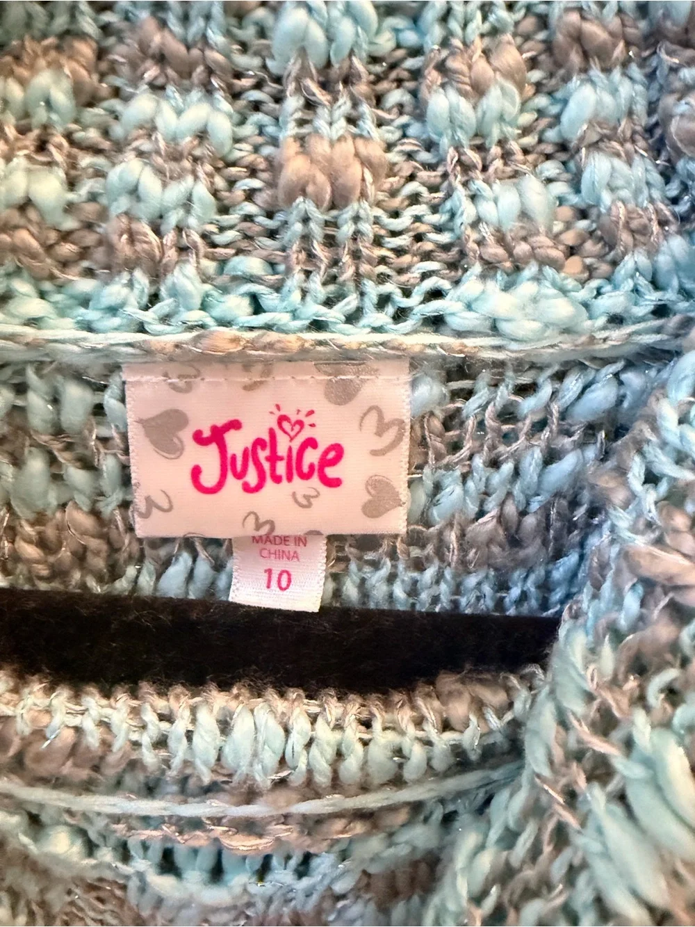 Justice Girls’ Striped Hooded Knit Sweater - Turquoise and Gray Size 10